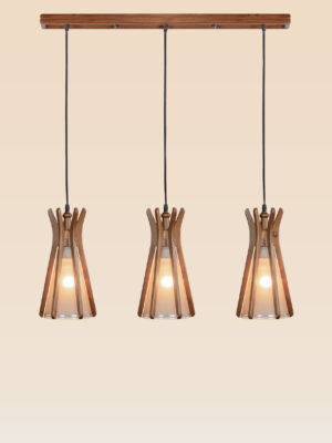 Triple pendant light – Checkmark 41h3 – wooden frame with frosted glass shades, aligned in a row from rectangular canopy