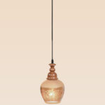 Vintage pendant light with rounded etched frosted glass shade and wooden top – Checkmark Model 32 – perfect for traditional and cozy interiors