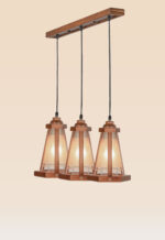 Horizontal pendant light with 3 wooden lantern-style frames and frosted glass – Checkmark Model 28h3 – ideal for kitchen islands and dining areas - side view