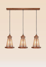 Horizontal pendant light with 3 wooden lantern-style frames and frosted glass – Checkmark Model 28h3 – ideal for kitchen islands and dining areas