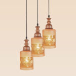 Triple pendant light with floral etched frosted glass and carved wooden tops – Checkmark Model 31-3 – ideal for stairwells and vintage interiors