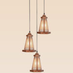 Triple pendant light with wooden lantern frames and frosted etched glass – Checkmark Model 28-3 – ideal for stairwells and vertical spaces
