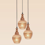 Triple pendant chandelier with handcrafted amber glass and wooden tops – Checkmark Model 32-3