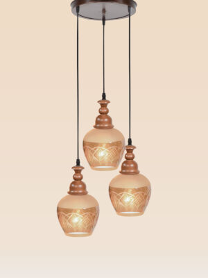Triple pendant chandelier with handcrafted amber glass and wooden tops – Checkmark Model 32-3