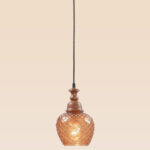 Amber pendant light with carved wooden crown and pinecone-textured glass – Checkmark Model 61 – rustic artisan hanging light