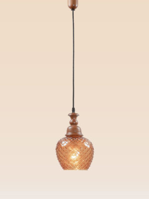 Amber pendant light with carved wooden crown and pinecone-textured glass – Checkmark Model 61 – rustic artisan hanging light