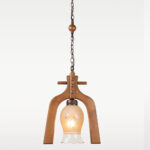 Rustic wooden pendant light with curved frame and floral frosted glass shade – Checkmark Model 51 – heritage-inspired vintage charm