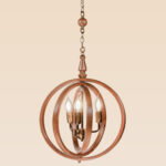 Three-light wooden globe pendant with open ring design and brass bulb holders – Checkmark Model 25-3 – ideal for rustic and modern dining rooms or foyers