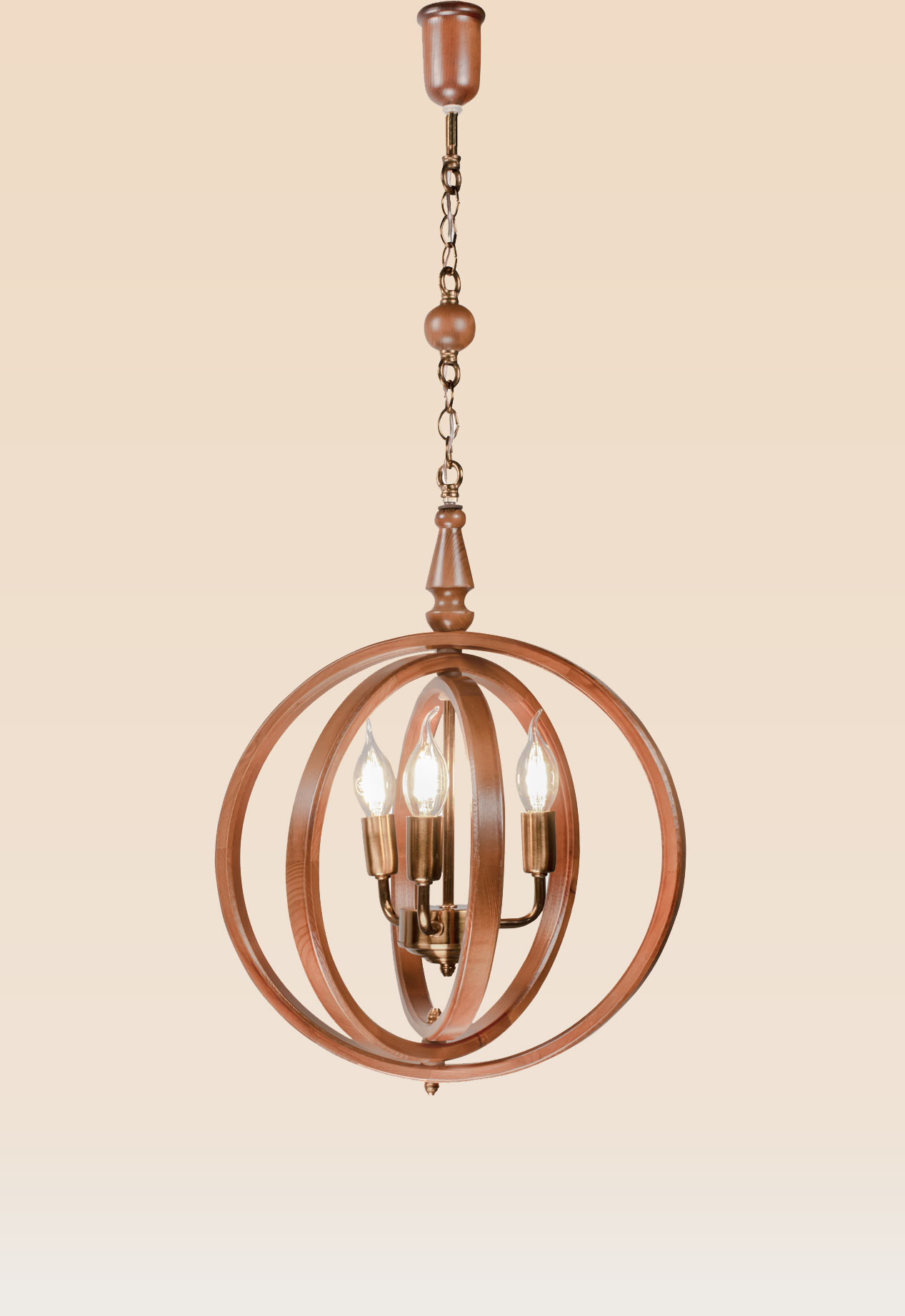 checkmark-25-3-wooden-pendant-light Three-light wooden globe pendant with open ring design and brass bulb holders – Checkmark Model 25-3 – ideal for rustic and modern dining rooms or foyers