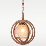 Wooden globe pendant light with concentric rings and frosted glass shade – Checkmark Model 25 – ideal for rustic modern dining rooms and entryways