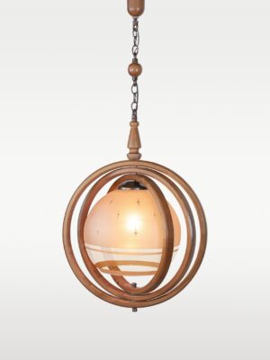 Wooden globe pendant light with concentric rings and frosted glass shade – Checkmark Model 25 – ideal for rustic modern dining rooms and entryways