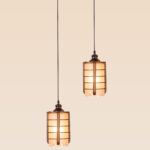 Double pendant light with wooden grid frames and frosted cylindrical glass – Checkmark Model 27-2 – ideal for kitchen islands and bar counters
