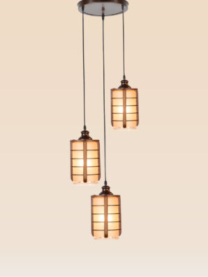 Triple pendant light with wooden grid frames and frosted cylindrical glass – Checkmark Model 27-3 – ideal for stairwells, foyers, and dining areas