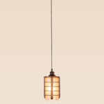 Vertical wooden pendant light with frosted cylindrical glass and grid frame – Checkmark Model 27 – perfect for café tables, kitchen counters, and cozy nooks