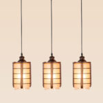 Horizontal pendant light with 3 wooden grid frame shades and frosted cylindrical glass – Checkmark Model 27h3 – perfect for kitchen islands and dining tables