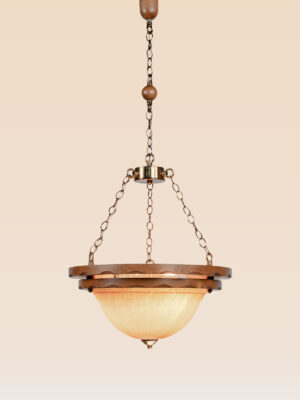 Classic pendant chandelier with frosted glass bowl and wooden ring frame – Checkmark Model 65 - side view