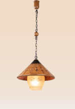 Rustic wooden pendant light with wide conical shade and etched frosted glass – Checkmark Model 56-side view
