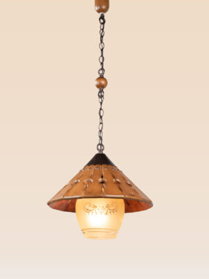 Rustic wooden pendant light with wide conical shade and etched frosted glass – Checkmark Model 56-side view
