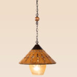 Rustic wooden pendant light with wide conical shade and etched frosted glass – Checkmark Model 56