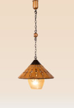 Rustic wooden pendant light with wide conical shade and etched frosted glass – Checkmark Model 56
