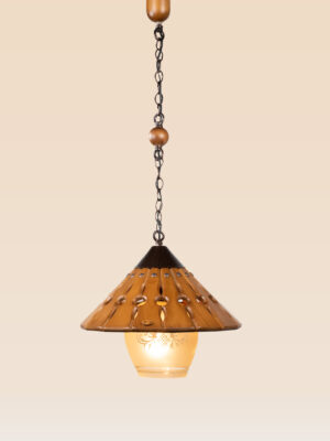 Rustic wooden pendant light with wide conical shade and etched frosted glass – Checkmark Model 56