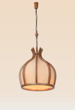 Dome-shaped wooden pendant light with curved frame and woven fabric – Checkmark Model 54-3 – modern rustic lighting with soft glow-side view