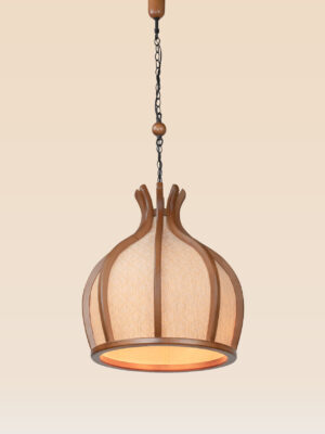 Dome-shaped wooden pendant light with curved frame and woven fabric – Checkmark Model 54-3 – modern rustic lighting with soft glow-side view