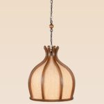 Dome-shaped wooden pendant light with curved frame and woven fabric – Checkmark Model 54-3 – modern rustic lighting with soft glow