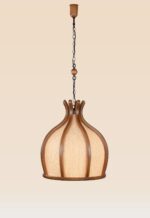Dome-shaped wooden pendant light with curved frame and woven fabric – Checkmark Model 54-3 – modern rustic lighting with soft glow