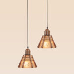 Double pendant light with floral frosted glass and carved wood – Checkmark Model 50-2 – perfect for rustic kitchens, dining spaces, and cafés