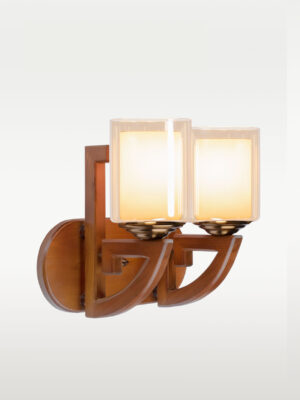 Double wooden wall sconce light with twin amber glass shades – distributed by Checkmark, crafted by DARKAR Lighting Industries.