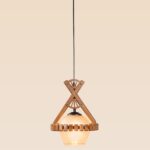 Geometric wooden pendant light with triangular frame and frosted dome glass – Checkmark Model 55 – rustic artisan hanging light with industrial flair