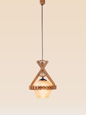 Geometric wooden pendant light with triangular frame and frosted dome glass – Checkmark Model 55 – rustic artisan hanging light with industrial flair