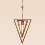 Geometric wooden pendant light with inverted triangle frame and exposed bulb – Checkmark Model 62 – sculptural rustic lighting fixture