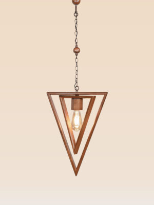 Geometric wooden pendant light with inverted triangle frame and exposed bulb – Checkmark Model 62 – sculptural rustic lighting fixture