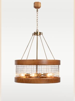 Industrial chandelier with golden bulb holders, black mesh, and round wooden frame – Checkmark Model 59g – rustic modern pendant chandelier with warm glow