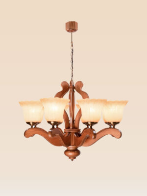 Handcrafted wooden chandelier model 244a8 with eight sculpted arms, flared frosted glass shades, and bronze fittings — a traditional wooden ceiling light by Checkmark