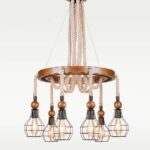Handcrafted wooden chandelier model 248-6 with nautical rope design, six metal cage bulb holders, and circular wood frame — rustic and decorative wooden ceiling light