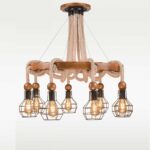 Handcrafted wooden chandelier model 248-8 with nautical rope design, eight industrial cage bulb holders, and circular wood frame — rustic decorative wooden ceiling light