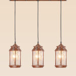 Horizontal triple wooden pendant light with etched cylindrical glass shades – Checkmark Model 53h3 – rustic hanging lighting for kitchen islands and dining tables