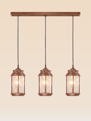 Horizontal triple wooden pendant light with etched cylindrical glass shades – Checkmark Model 53h3 – rustic hanging lighting for kitchen islands and dining tables