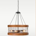 Industrial chandelier with circular wooden frame and metal mesh grid – Checkmark Model 59 – exposed bulb rustic pendant lighting