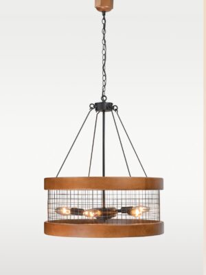 Industrial chandelier with circular wooden frame and metal mesh grid – Checkmark Model 59 – exposed bulb rustic pendant lighting