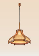 Elegant wooden pendant light with sculpted flared frame and woven fabric panels – Checkmark Model 54 – modern organic lighting with soft ambient glow-side view
