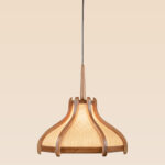 Elegant wooden pendant light with sculpted flared frame and woven fabric panels – Checkmark Model 54 – modern organic lighting with soft ambient glow