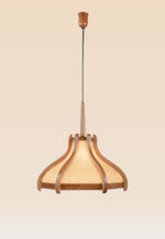 Elegant wooden pendant light with sculpted flared frame and woven fabric panels – Checkmark Model 54 – modern organic lighting with soft ambient glow