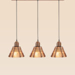 Triple horizontal pendant light with carved wooden crowns and floral frosted glass shades – Checkmark Model 50h3 – ideal for kitchen islands and wide dining tables