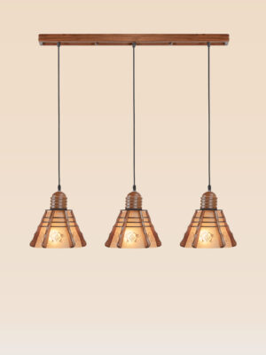 Triple horizontal pendant light with carved wooden crowns and floral frosted glass shades – Checkmark Model 50h3 – ideal for kitchen islands and wide dining tables