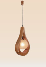 Wooden teardrop pendant light with frosted star-etched glass shade – Checkmark Model 63-side view