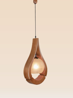 Wooden teardrop pendant light with frosted star-etched glass shade – Checkmark Model 63-side view